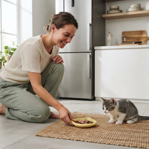 gamelles chaton tete chat jaune maitresse avec chaton