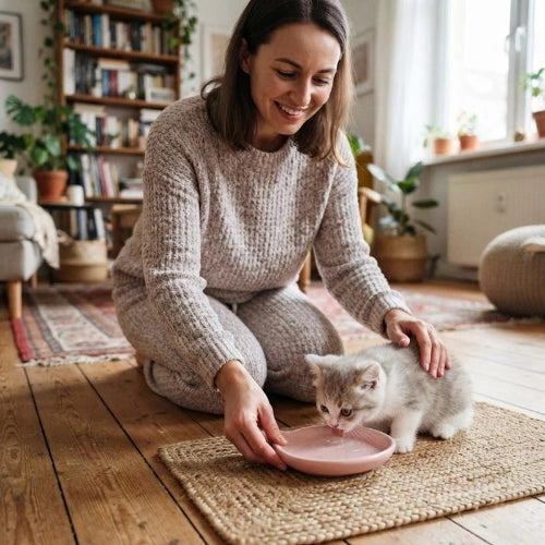 gamelles chaton tete chat rose maitresse avec chaton