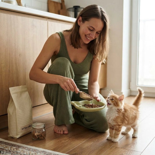 gamelles chaton tete chat vert maitresse avec chaton