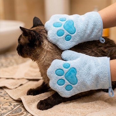 gant de toilettage bleu motif patte decoratif chat