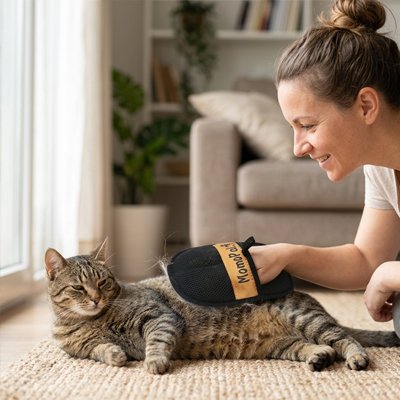 gant de toilettage noir magique maitresse souriante chat salon