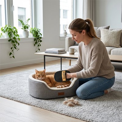 gant de toilettage noir maitresse chat allonge panier salon