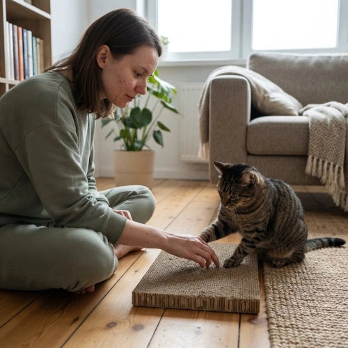 griffoir à chat planche rectangulaire maitresse avec chat