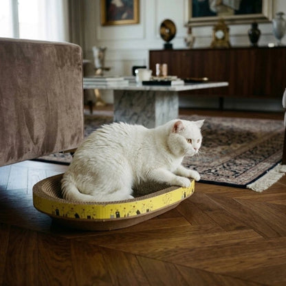 griffoir chat jaune forme ovale ergonomique chat allonge salon