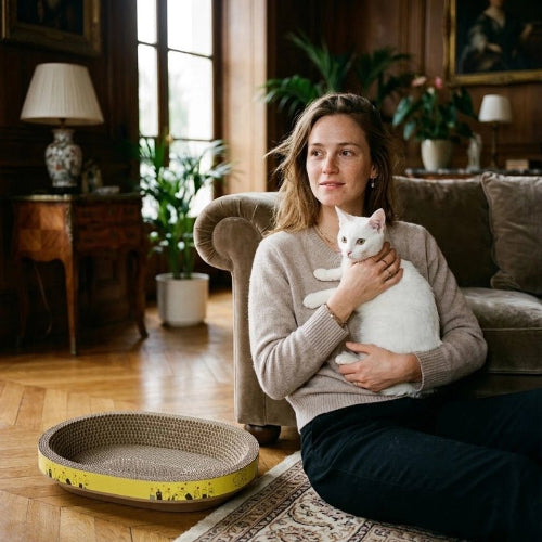 griffoir chat jaune forme ovale ergonomique maitresse chat salon