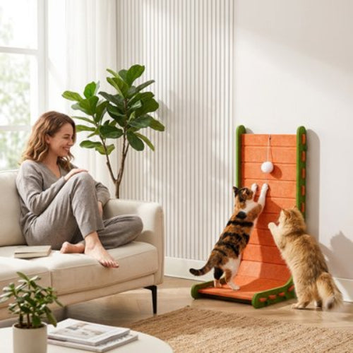 griffoir chat orange incurve maitresse chat jouant salon
