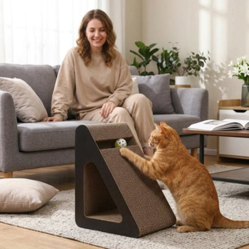 griffoir chat triangulaire maitresse chat jouant salon