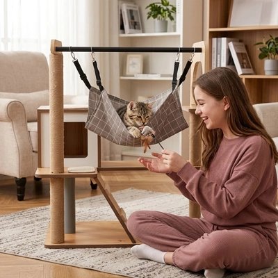 hamac pour chat a carreaux gris chat jouant maitresse