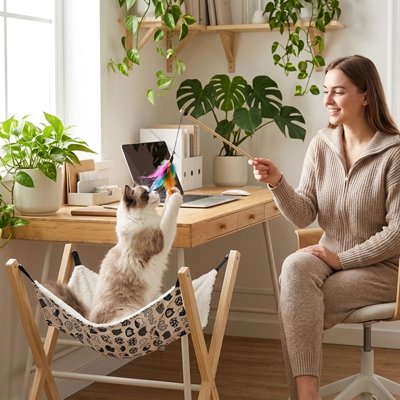 hamac pour chat blanc avec motifs chat bureau maitresse