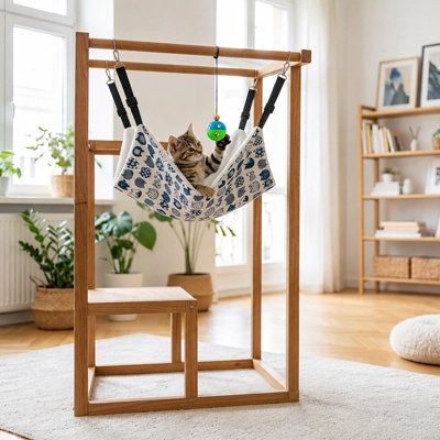 hamac pour chat blanc avec motifs chat jouant salon