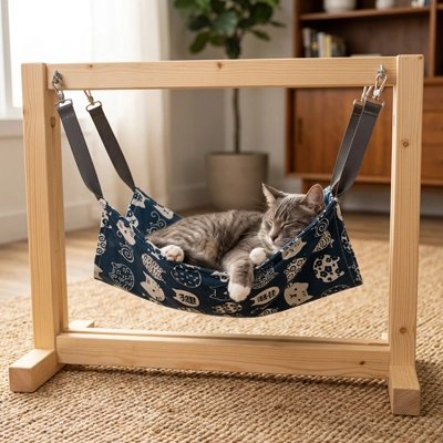 hamac pour chat bleu a motifs chat dormant salon