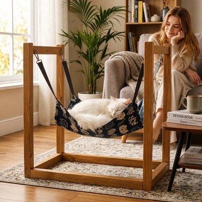 hamac pour chat bleu a motifs chat maitresse salon