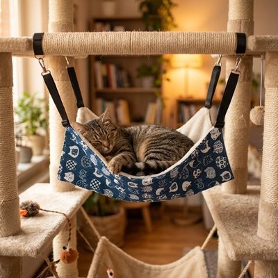 hamac pour chat bleu a motifs epais chat dormant