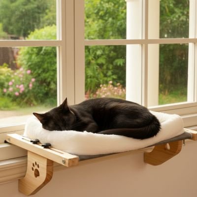 hamac pour chat fenetre bois naturel chat dormant