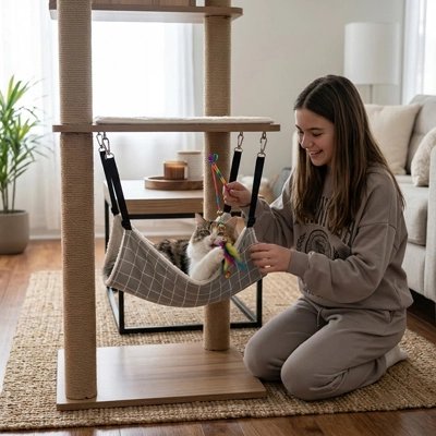 hamac pour chat gris a carreaux chat jouant maitresse