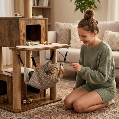 hamac pour chat gris a carreaux maitresse chat jouant