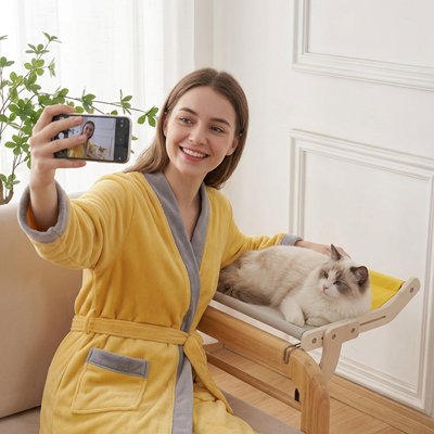 hamac pour chat jaune bois naturel maitresse chat salon