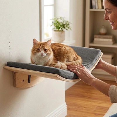 hamac pour chat mural chat allonge maitresse souriante