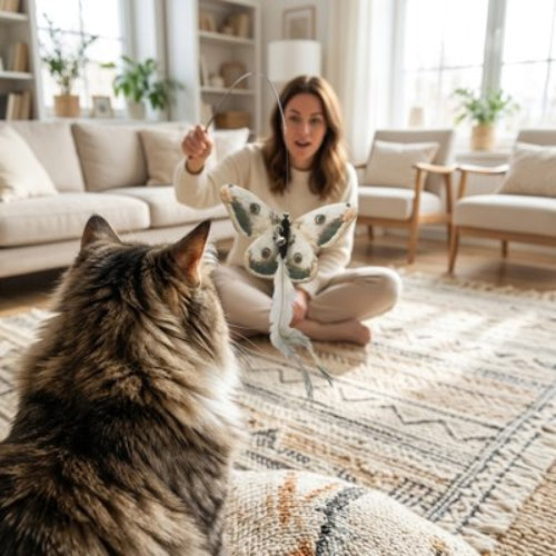jeu chat canne a peche papillon maitresse avec chat
