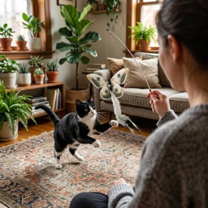 jeu chat canne a peche papillon maitresse chat jouant