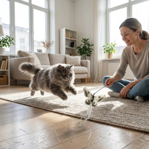 jeu chat canne a peche papillon maitresse chat sautant