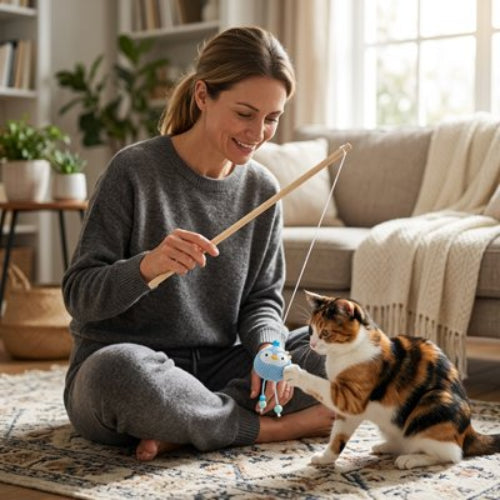jeu pour chat canne peche peluche bleu maitresse