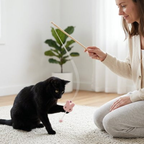 jeu pour chat canne peche peluche rose maitre chat