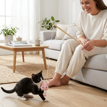 jeu pour chat canne peche peluche rose maitresse chaton