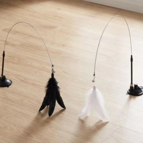 jeu pour chat canne peche plumes noir blanche