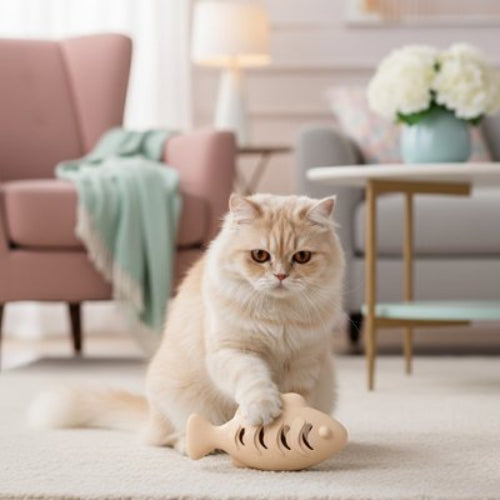 jeu pour chat poisson beige avec chat salon