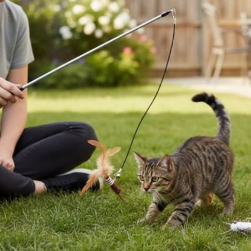 jeux chat canne a peche avec insecte marron jardin