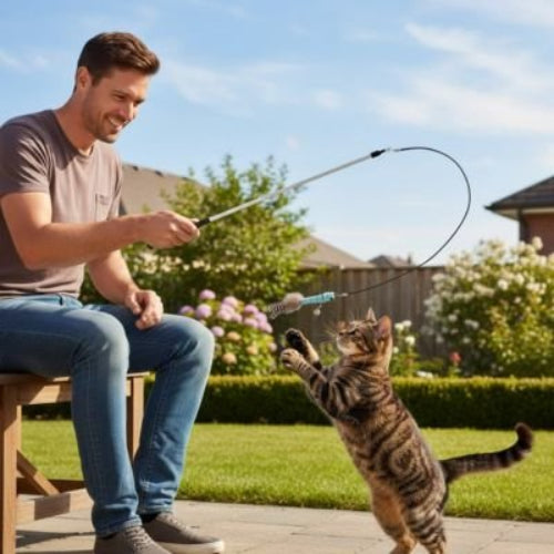 jeux chat canne a peche insecte bleu maitre jardin