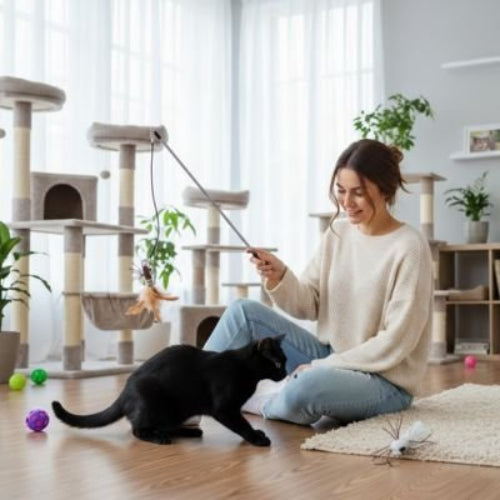jeux chat canne a peche insecte marron maitresse salon