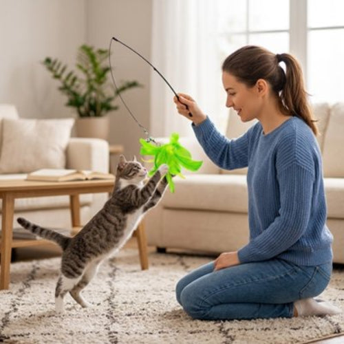 jeux pour chat canne a peche maitresse chat jouant