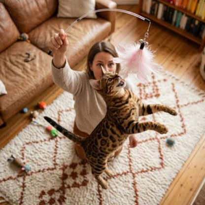 jeux pour chat canne a peche maitresse chat sautant