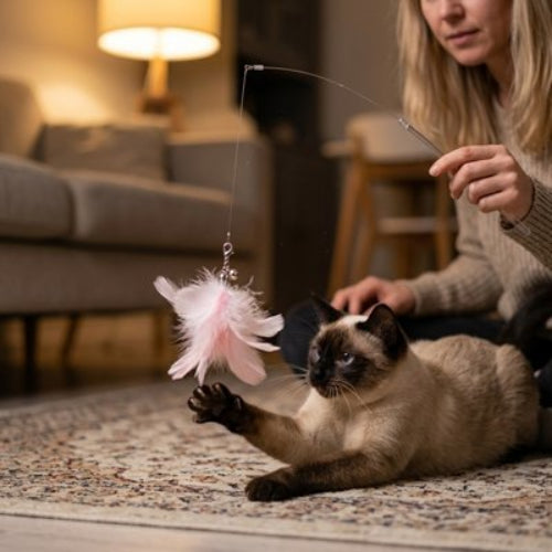 jeux pour chat canne a peche plume rose maitresse