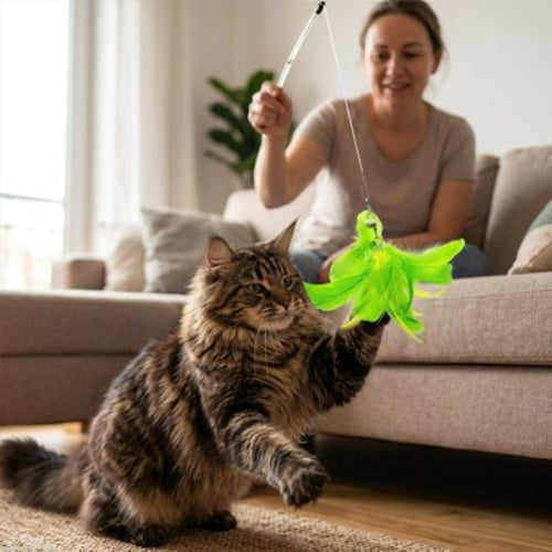 jeux pour chat canne a peche plume verte maitresse