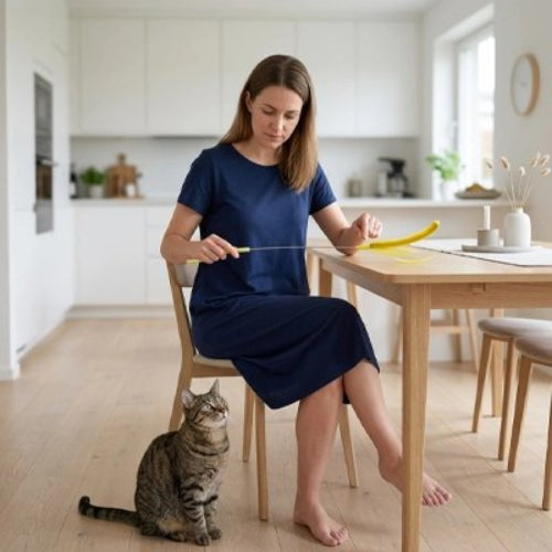 jouet chat baguette a plumes jaune maitresse chat cuisine