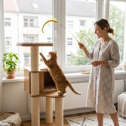 jouet chat baguette a plumes jaune maitresse chat jouant