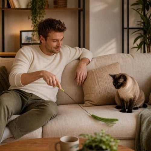 jouet chat baguette a plumes vert maitre avec chat