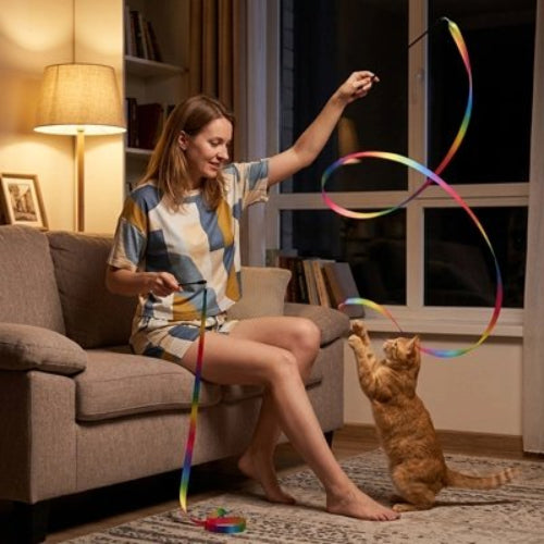 jouet chat baguette a ruban multicolore chat jouant maitresse