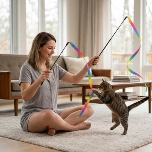 jouet chat baguette a ruban multicolore maitresse avec chat