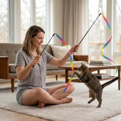 jouet chat baguette a ruban multicolore maitresse avec chat