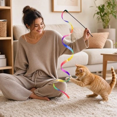 jouet chat baguette a ruban multicolore maitresse chat jouant