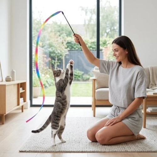 jouet chat baguette a ruban multicolore maitresse chat sautant