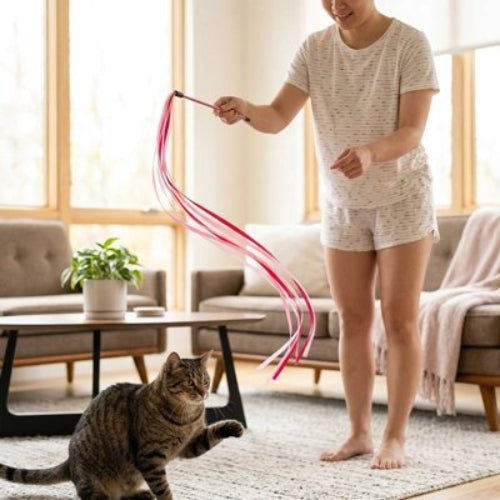 jouet chat baguette a ruban rouge maitresse chat salon