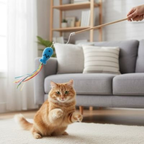 jouet chat canne a peche avec poisson bleu salon