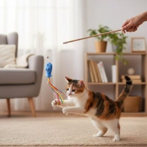 jouet chat canne a peche avec poisson bleu