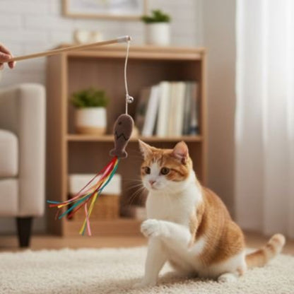 jouet chat canne a peche avec poisson marron