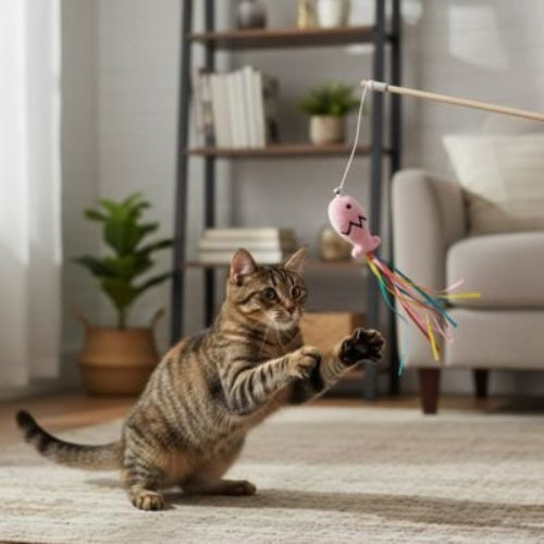 jouet chat canne a peche avec poisson rose